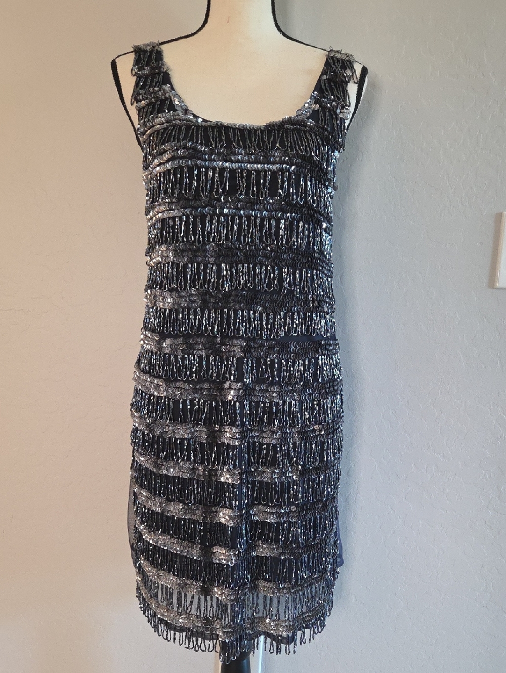 Angie Navy and Silver Beaded Fringe Mini Dress Size Medium NWT